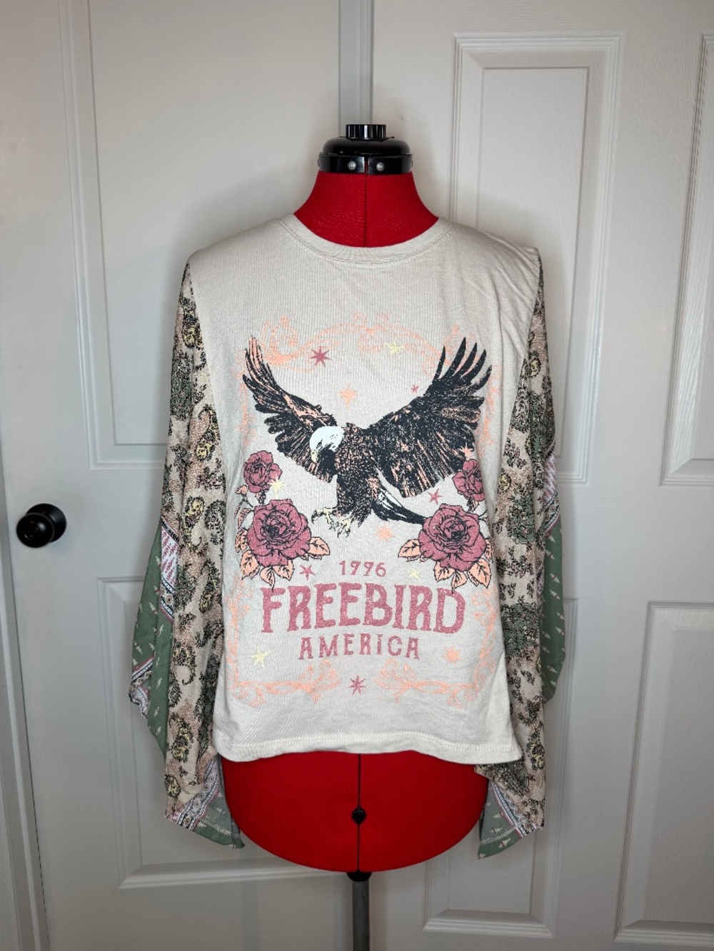 Zutter Freebird America Graphic Kantha Sleeve Tee Shirt Top Boho Western Women M